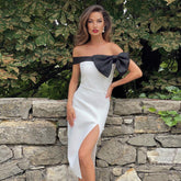 Off Shoulder Short Sleeve Bowknot Midi Bandage Dress PHD1718